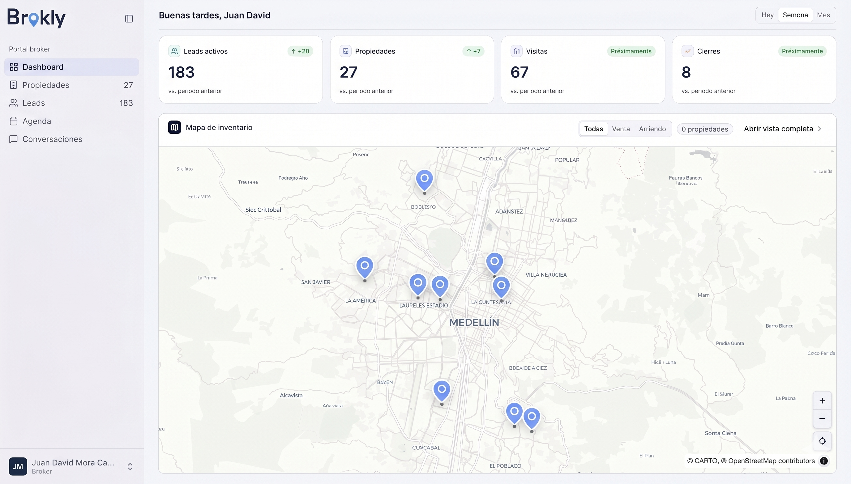 Brokly dashboard with active leads and booked showings